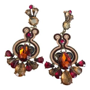 Vintage Elegant Antique Gold Dark Amber Chandelier Dangle Earrings Retro Baroque